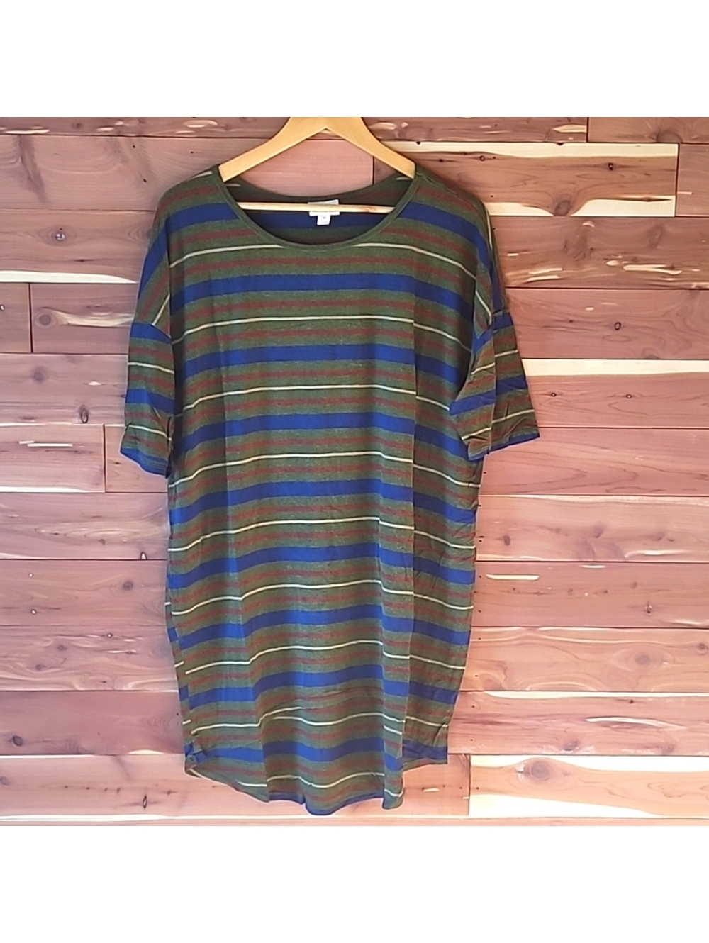 LuLaRoe Irma, Size M, Lightweight Casual Top in Green, Red, Blue Stripe`
